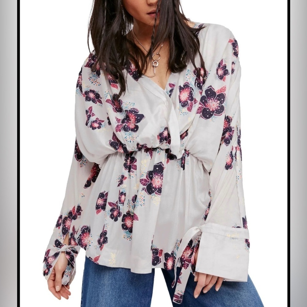 Free People Womens Tuscan Dreams Tunic Blouse, Off-White Purple Flowers XS EUC